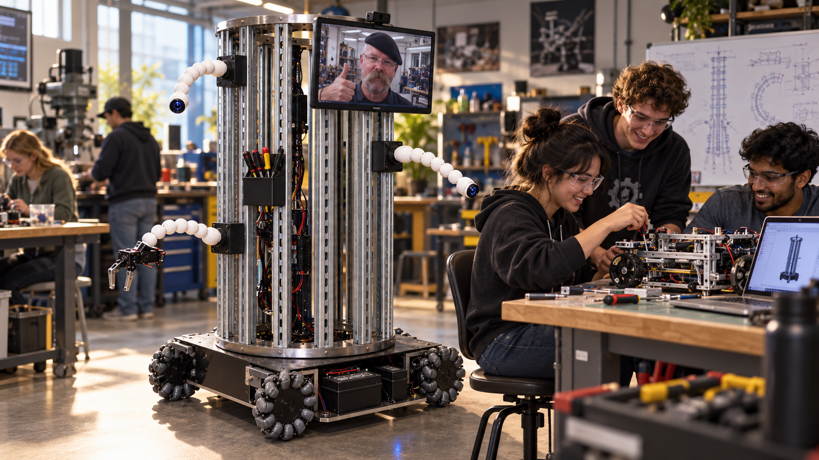 Concept visualization of people working beside Hynebot while Jamie Hyneman participates remotely