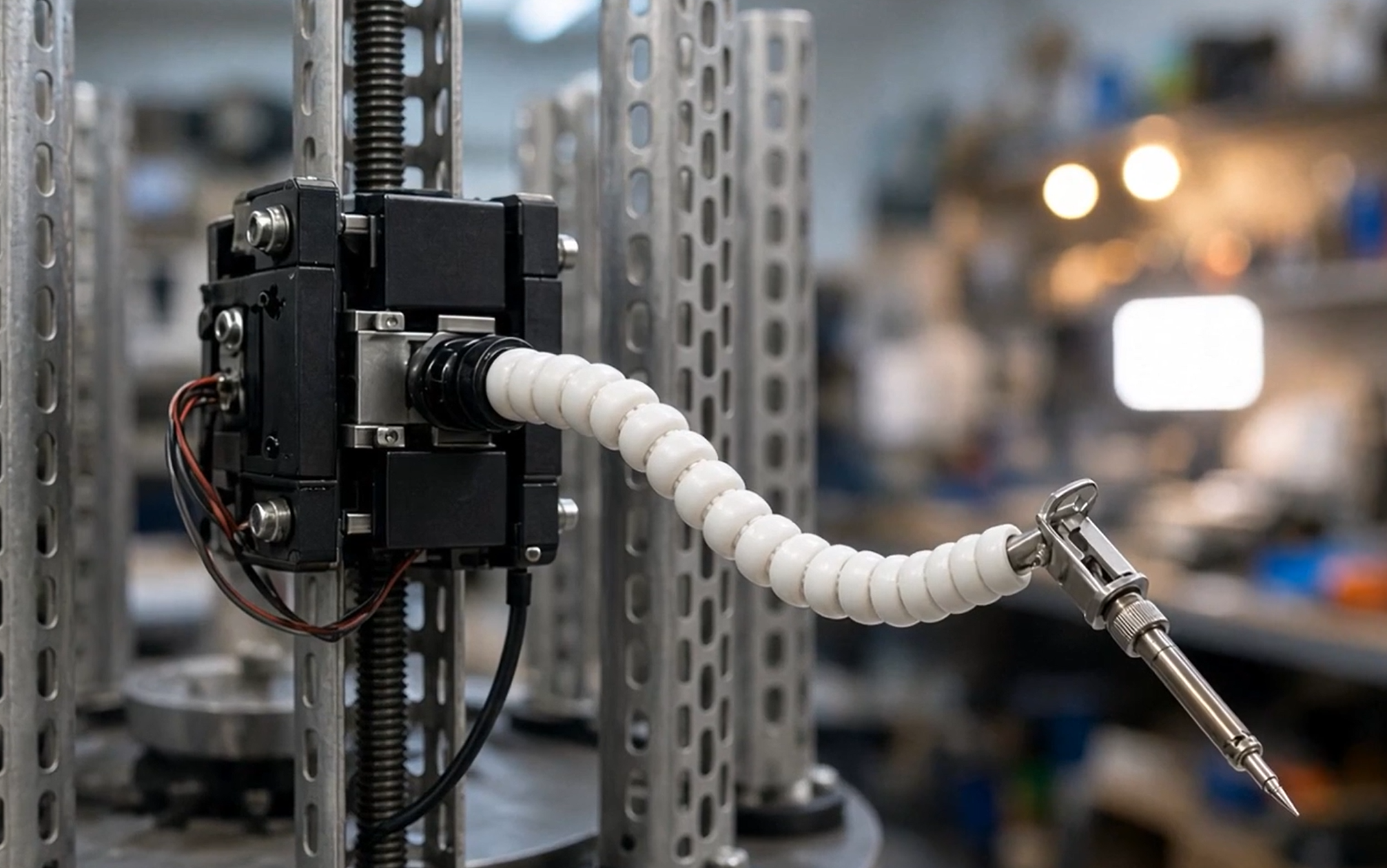 Concept visualization of a flexible Hynebot arm holding a soldering iron