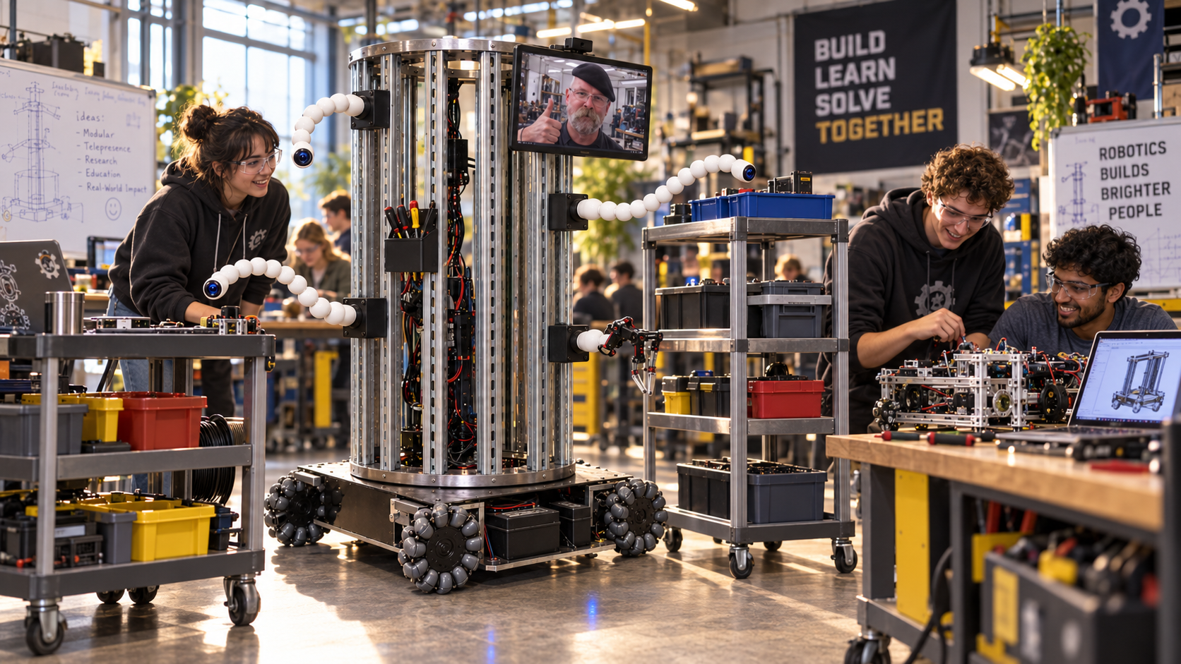 Concept visualization of the Hynebot telepresence robot in a workshop