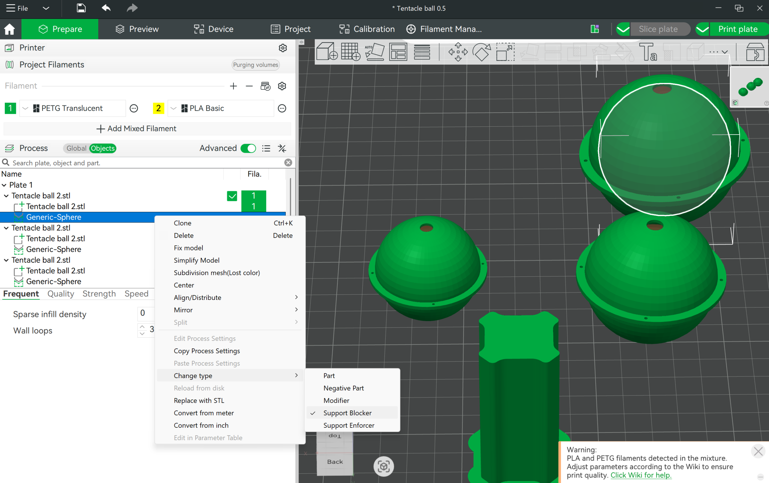 Tentacle sphere parts arranged in 3D-printing slicer software